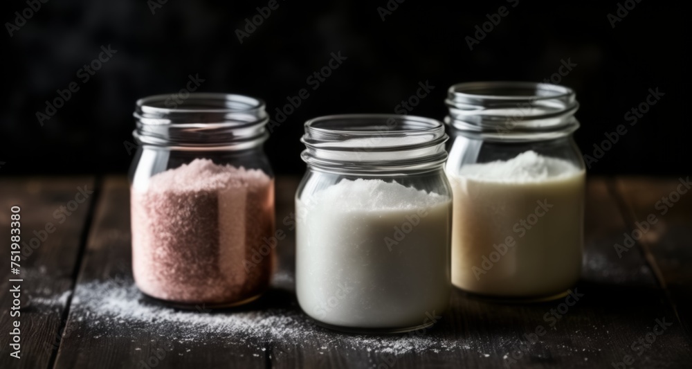A trio of jars filled with different powders, ready for culinary creativity A trio of jars filled with different powders, ready for culinary creativity