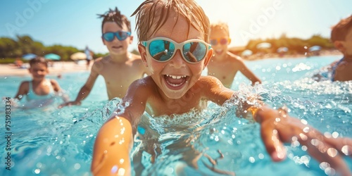 child in pool wearing sun glass, summer activities  © Borin