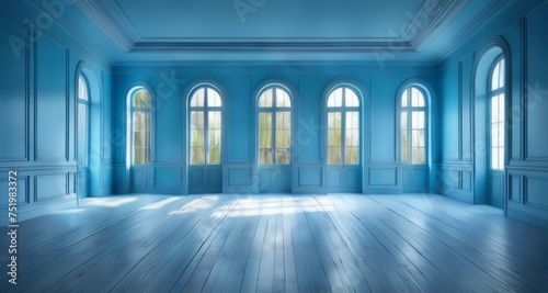  Elegant, spacious room with blue walls and large windows