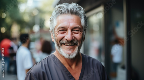 Middle aged male doctor in dark scrubs, smiling looking in camera, Portrait of man medic professional, hospital physician, confident practitioner or surgeon at work. blurred background