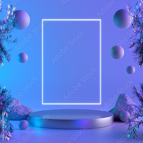 Abstract display stand with tree branches and geometric spheres in metallic colors. For displaying all types of products Especially cosmetics, 3D rendering