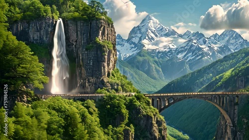 Video animation of breathtaking natural landscape. In the foreground, a powerful waterfall cascades from the top of a steep cliff, surrounded by lush green vegetation. photo