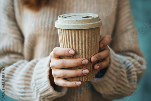 Female hands hold reusable coffee mug photo