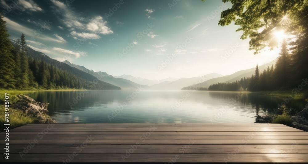 Tranquil lakeside retreat under a clear sky Tranquil lakeside retreat under a clear sky