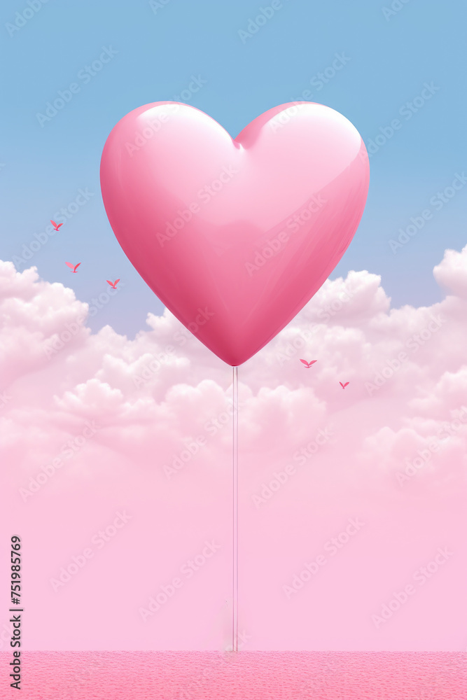 A pink heart balloon is floating in the sky above a pink background