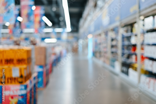 Defocus store, floor and shelves with bokeh products