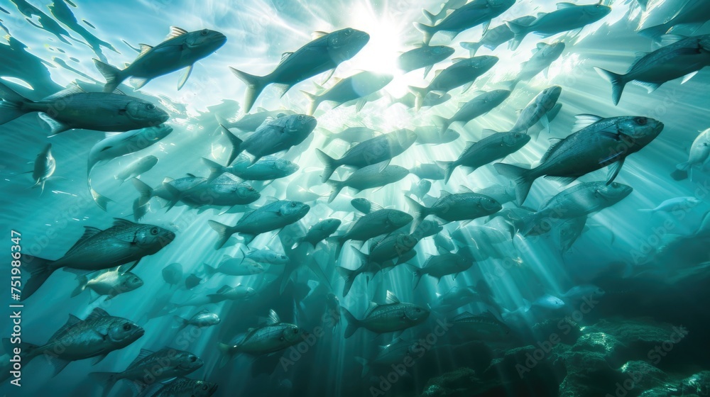 Fototapeta premium Serene Underwater Scene with a Shoal of Grey Mullet Fish in Motion 