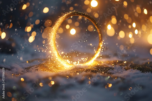 Gold glitter circle of light shine sparkles and golden spark particles in circle frame on black background. Rammadan magic stars glow, firework confetti of glittery ring shimmer	