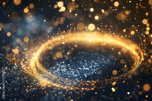Gold glitter circle of light shine sparkles and golden spark particles in circle frame on black background. Rammadan magic stars glow  firework confetti of glittery ring shimmer 