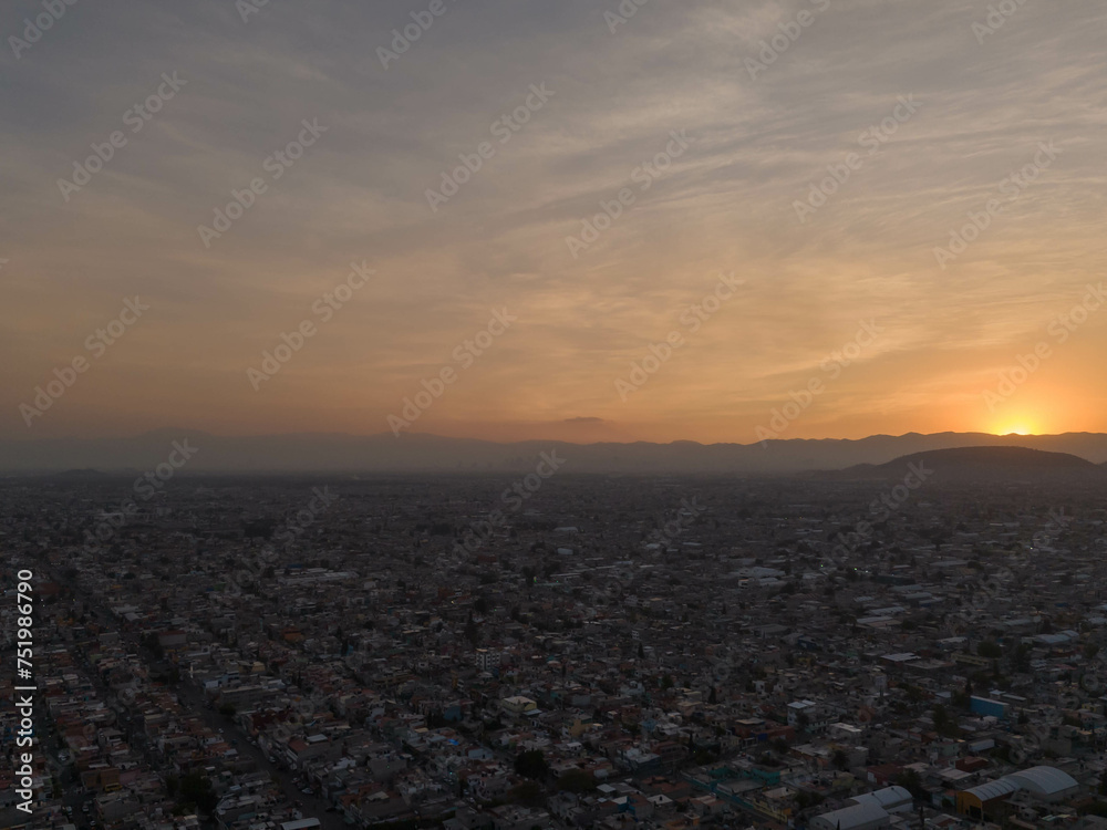 Evening falls in Ecatepec, aerial images drone views of the CDMX metropolitan area Evening falls in Ecatepec, aerial images drone views of the CDMX metropolitan area