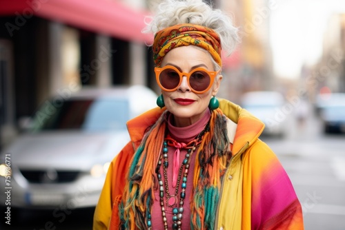 stylish senior woman in sunglasses and colorful scarf walking in the city