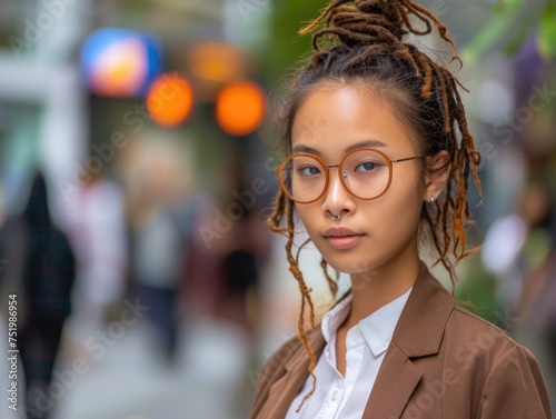 Confident Southeast Asian Woman in Professional Attire, City Background 