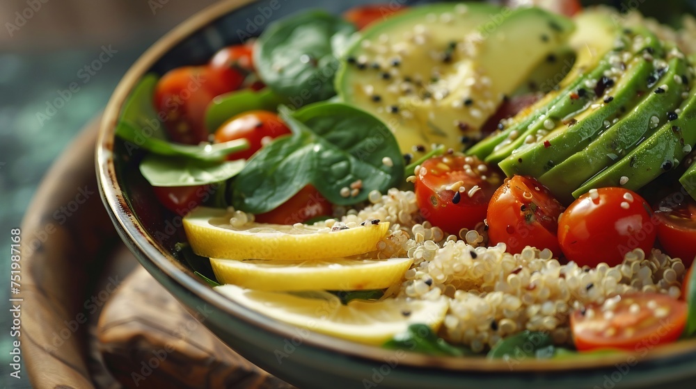 Delicious and healthy vegan quinoa salad topped with avocado, tomatoes, and a zesty lemon slice in a ceramic bowl. Delicious and healthy vegan quinoa salad topped with avocado, tomatoes, and a zesty lemon slice in a ceramic bowl.