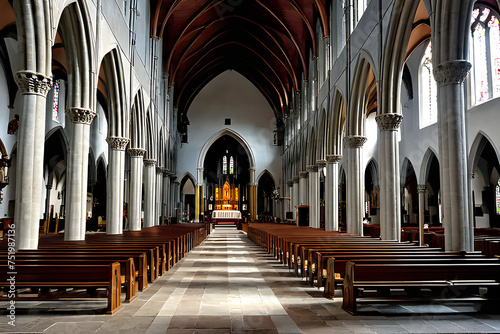 Interior of the main nave of the church with Gothic-Romanesque columns
