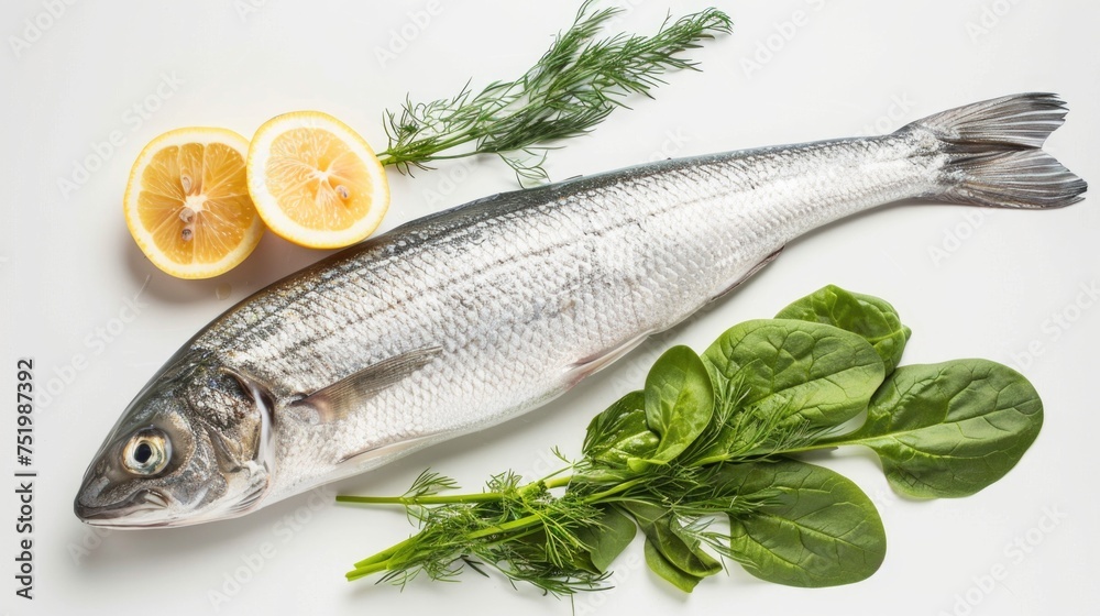 Grey Mullet with Fresh Ingredients, Dill Sprig, Spinach, Lemon Wedges, Minimalist Style
Grey Mullet with Fresh Ingredients, Dill Sprig, Spinach, Lemon Wedges, Minimalist Style