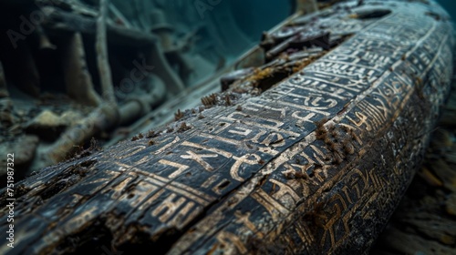 A more recent discovery the fourth image showcases a section of a shipwrecks hull that is covered in ancient texts from a lost civilization. The faded letters and symbols