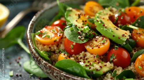 Delicious and healthy vegan quinoa salad topped with avocado, tomatoes, and a zesty lemon slice in a ceramic bowl.