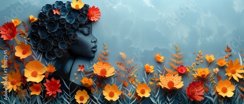 Illustration of African American woman silhouette and paper flowers with copy space for International Women's Day
