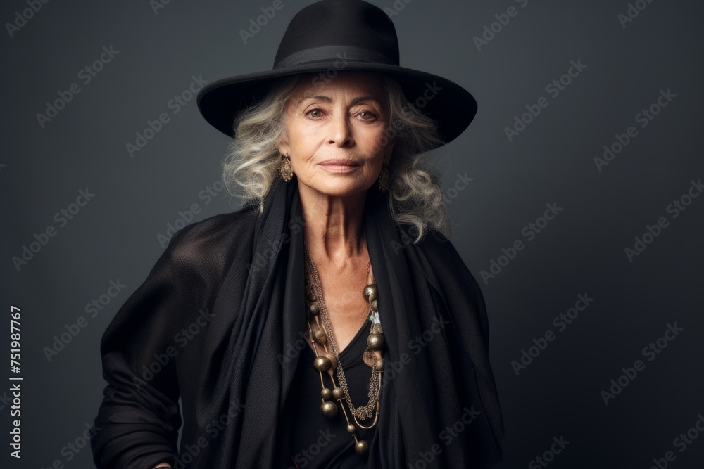 Elegant senior woman in black hat and jacket. Studio shot. Elegant senior woman in black hat and jacket. Studio shot.