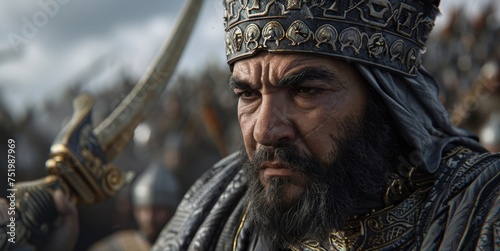 A sternfaced mamluk commander gazes out into the distance hand on his sword hilt. photo