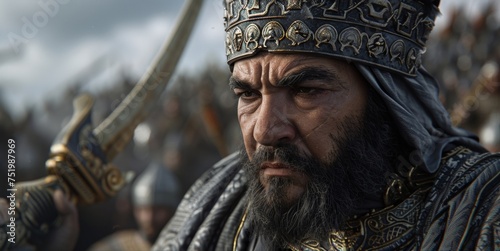 A sternfaced mamluk commander gazes out into the distance hand on his sword hilt.