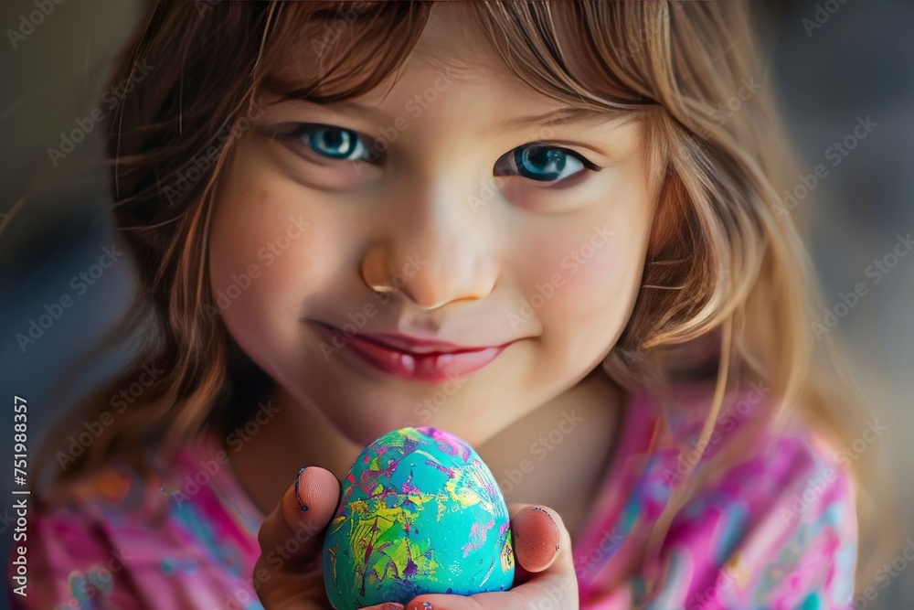 Close up of young girl holding dyed easter egg Close up of young girl holding dyed easter egg