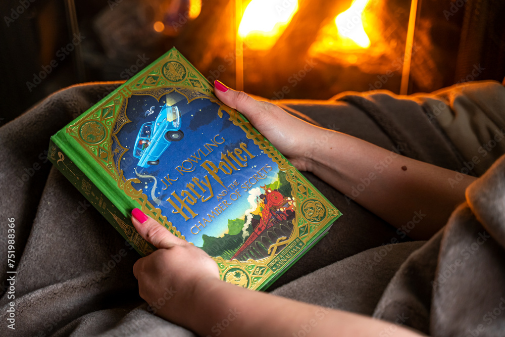 Naklejka premium Teenage girl reading the second book about Harry Potter near the fireplace. 