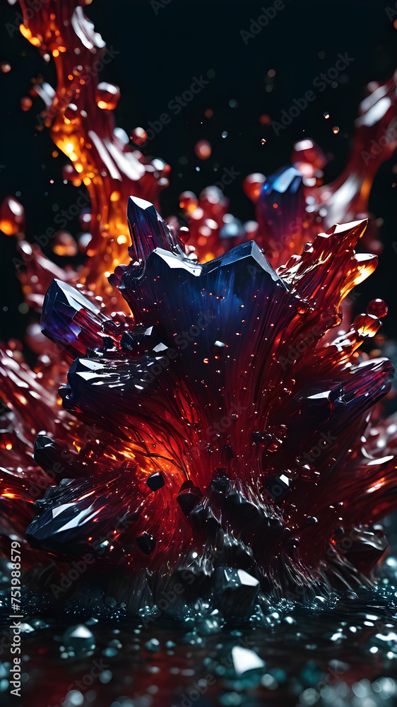 Dark background, thick magical ooze-like liquid, blood, sapphire crystals, muscles