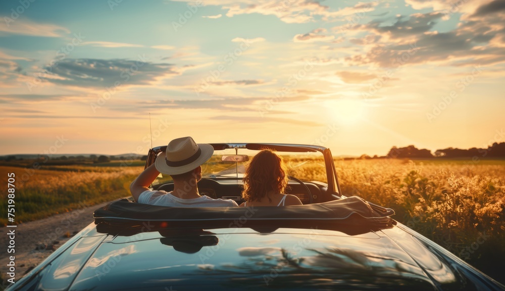 couple travelling in a convertible  - obrazy, fototapety, plakaty 