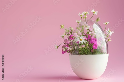 Beautiful spring flowers White Easter egg on pink background. Easter spring concept