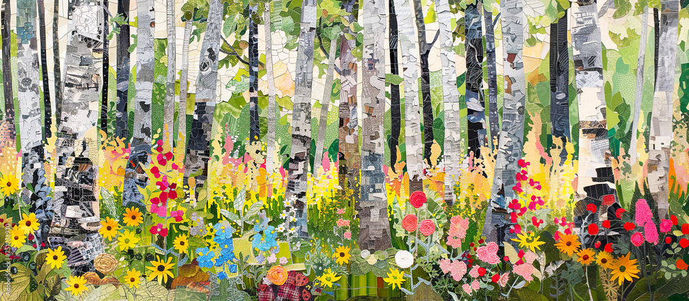 Spring birch painting. Modern art and nature. Summertime concept. Banner