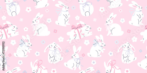 Seamless pattern with Cute cartoon white rabbits with bows. Hand drawn vector illustration. Adorable Easter bunny background.
