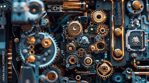 Macro shot of interconnected gears and circuits inside an autonomous robot's chassis