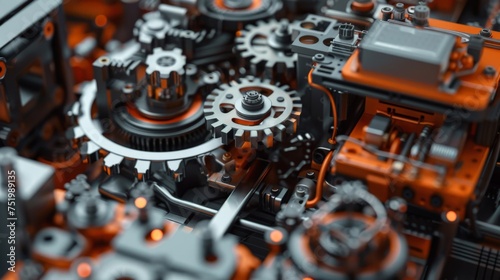 Macro shot of interconnected gears and circuits inside an autonomous robot's chassis