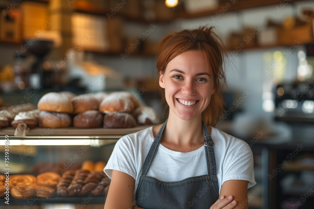 joyful bakery shop owner stands in front of her products, daily goods and SME small business concept. 
