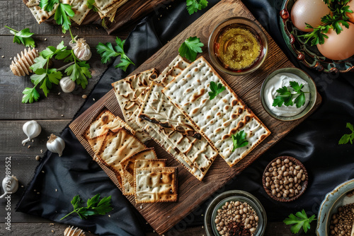 Overhead view of a traditional matzah bread a food eaten during passover photo