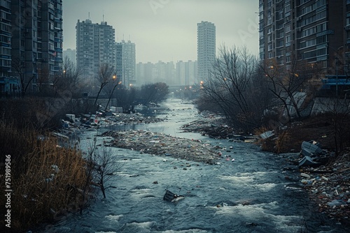 Polluted urban river strewn with trash against a backdrop of high-rise apartment buildings in a gloomy city.
