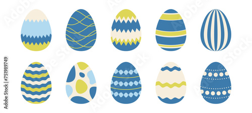 Colorful spring Easter eggs set. Blue, green, cream egg icon collection with different ornaments. Doodle style Easter illustration bundle for banner, poster, card, invitation, sticker. Vector pack 