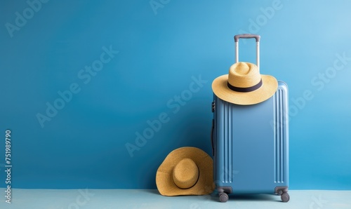 Blue suitcase with sun glasses, hat and camera on pastel blue background. travel concept