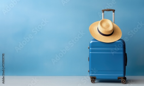 Blue suitcase with sun glasses, hat and camera on pastel blue background. travel concept