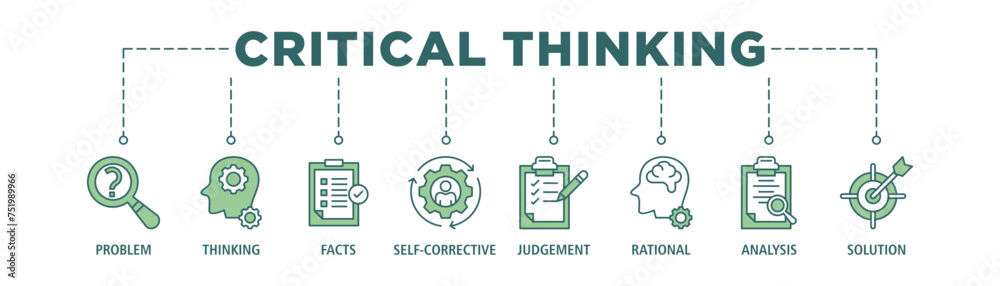 Critical thinking banner web icon set vector illustration concept for analysis of facts with an icon of problem, thinking, facts, self corrective, judgement, rational, analysis, and solution Critical thinking banner web icon set vector illustration concept for analysis of facts with an icon of problem, thinking, facts, self corrective, judgement, rational, analysis, and solution