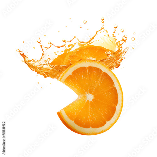 Juicy orange fruit in realistic orange juice splash on white and transparent background