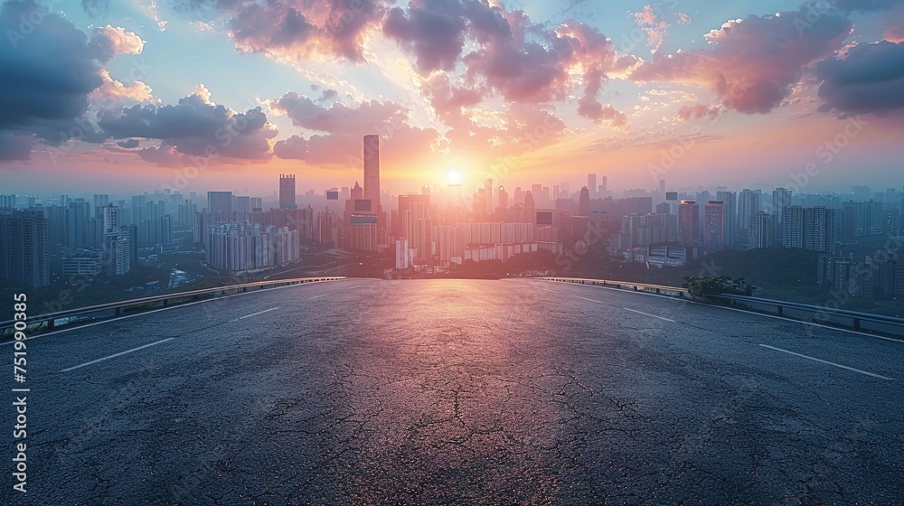 Panoramic skyline and modern commercial buildings with empty road. Asphalt road and cityscape at sunrise  Generative AI - obrazy, fototapety, plakaty 