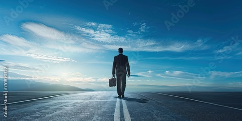 businessman walking on the road with suitcase to nowhere, career journey