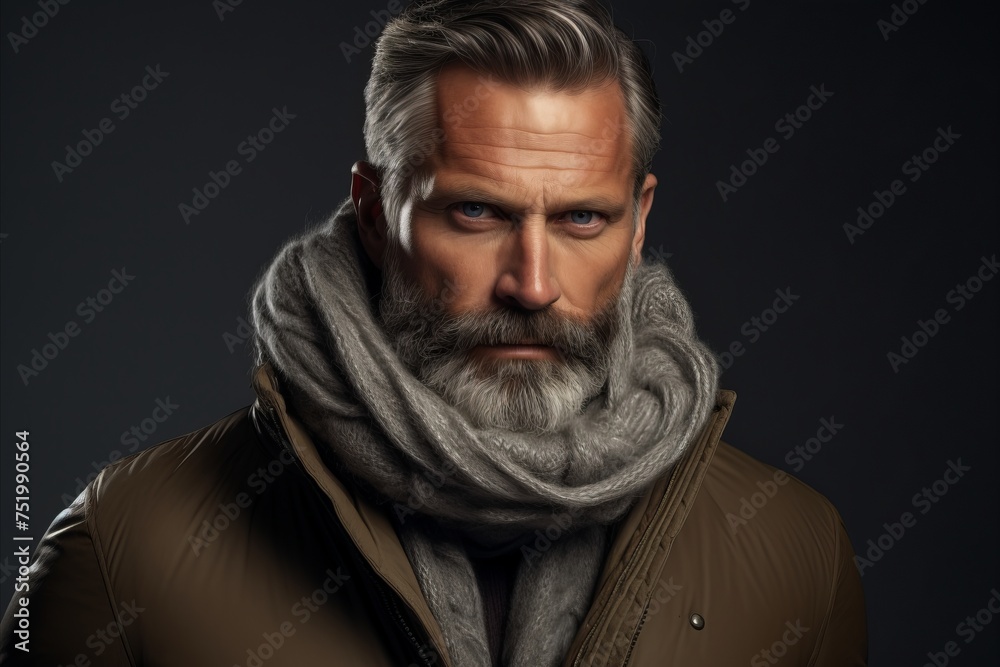 Portrait of a handsome middle-aged man with gray beard and mustache wearing a warm jacket. Men's beauty, fashion.