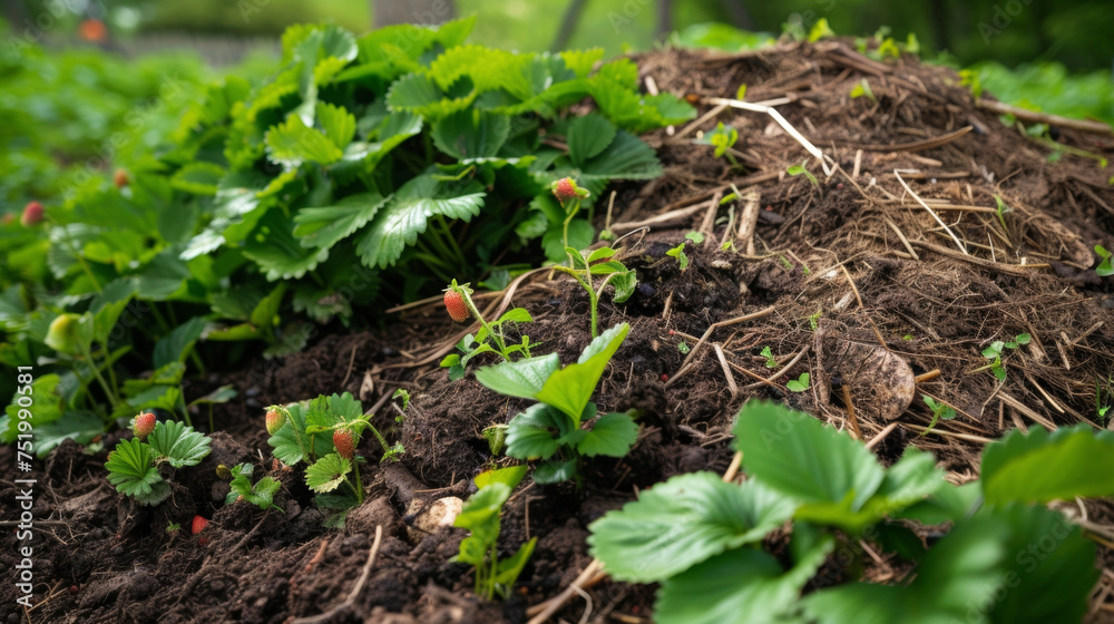 A detailed shot of a homemade compost pile made from natural materials and used as a nutrientrich fertilizer for the strawberry fields. A detailed shot of a homemade compost pile made from natural materials and used as a nutrientrich fertilizer for the strawberry fields.