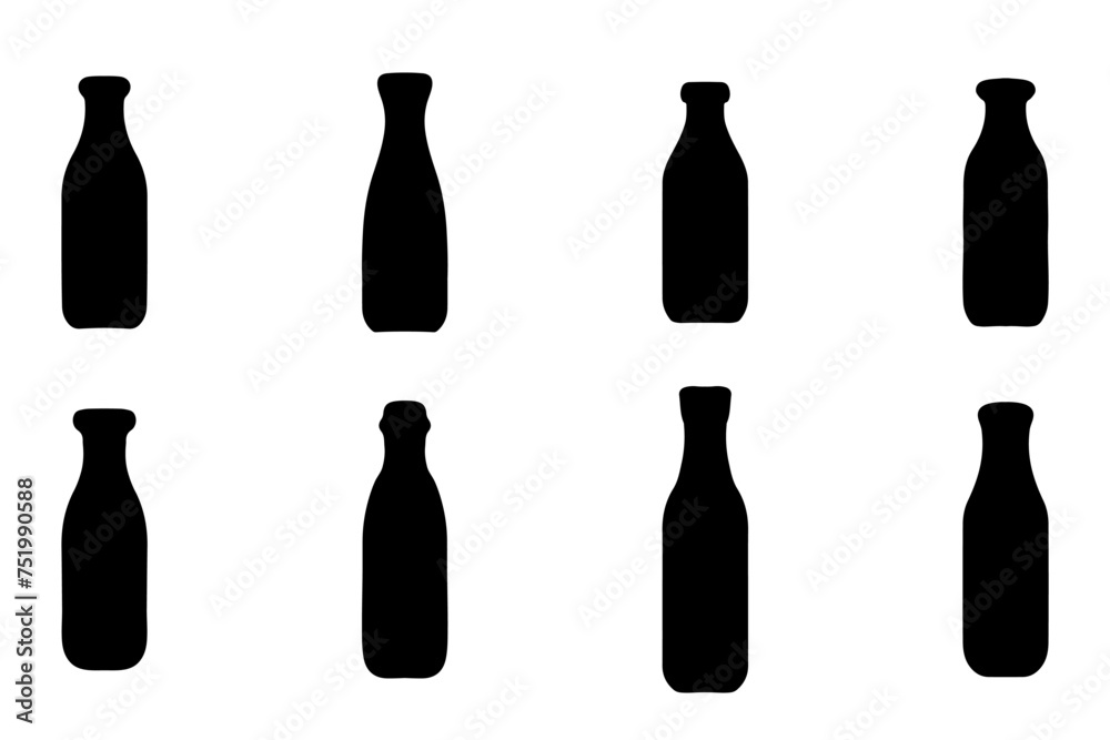 Milk in bottle icon set. Healthy drink product Milk in bottle icon set. Healthy drink product