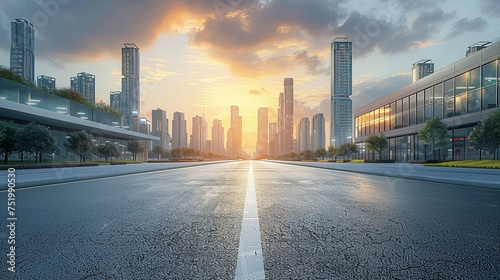 Panoramic skyline and modern commercial buildings with empty road. Asphalt road and cityscape at sunrise Generative AI
