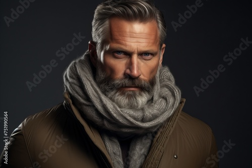 Portrait of a handsome middle-aged man with gray beard and mustache wearing a warm jacket. Men's beauty, fashion.