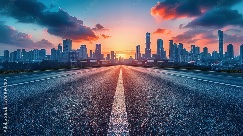 Panoramic skyline and modern commercial buildings with empty road. Asphalt road and cityscape at sunrise Generative AI Panoramic skyline and modern commercial buildings with empty road. Asphalt road and cityscape at sunrise Generative AI